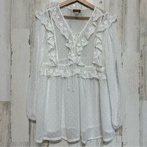 Scully Honey Creek Swiss Dot Ruffle Lace Sheer Blouse Size M Boho Romantic